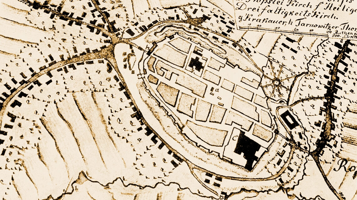 Mapa średniowiecznego Bytomia.