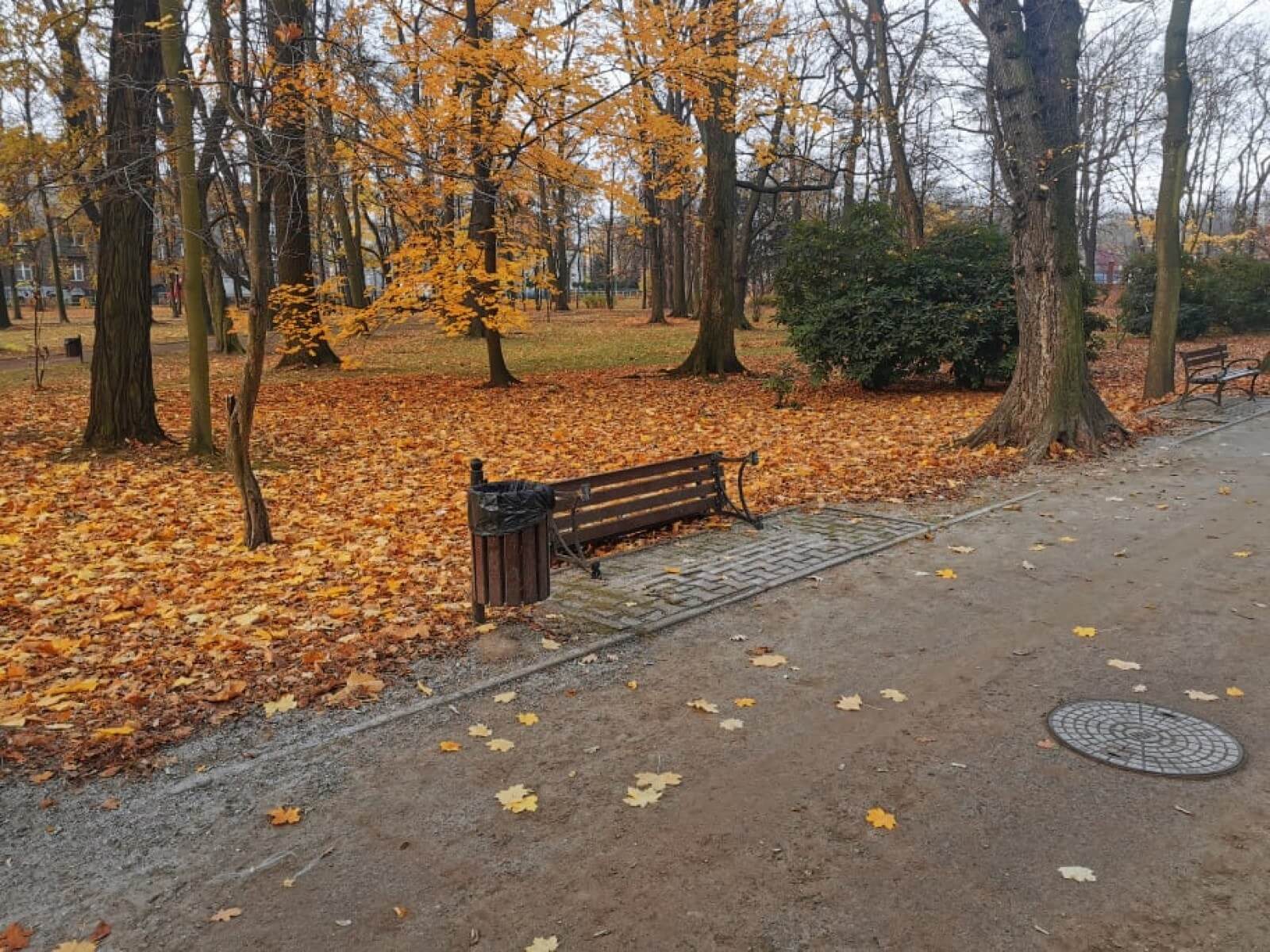 Przewrócona ławka w parku